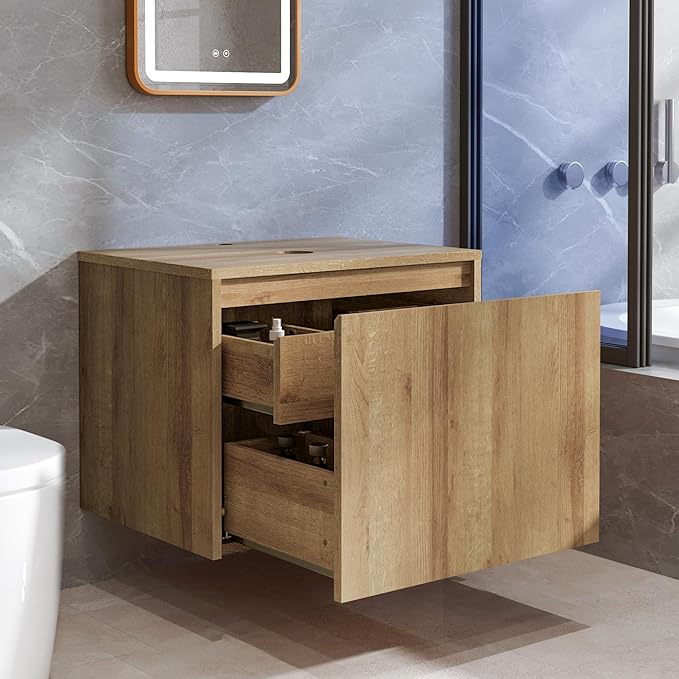 Bathroom Vanity, Natural Color Wall-Mounted Bathroom Vanity with Hidden Drawer (Nature Without Sink, 24)