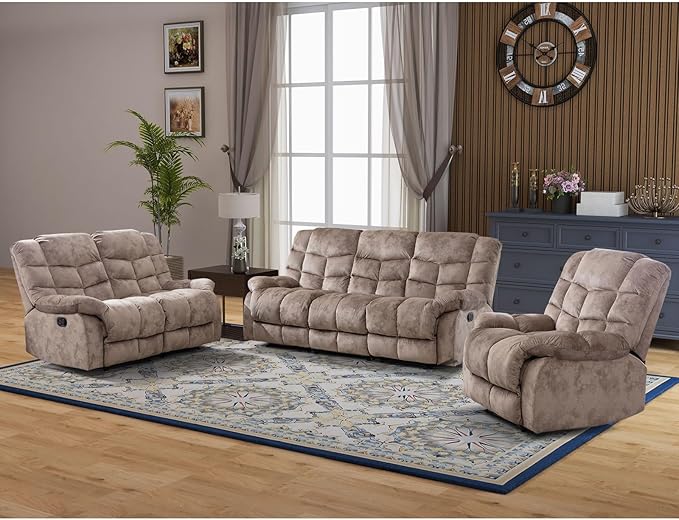CANMOV Manual Reclining Sofa Set,2 Pieces Sofa Furniture Set for Living Room, Manual Recliner Sofa and Recliner Chair with Arms for Living Room, Bedroom, Light Brown (1+3)