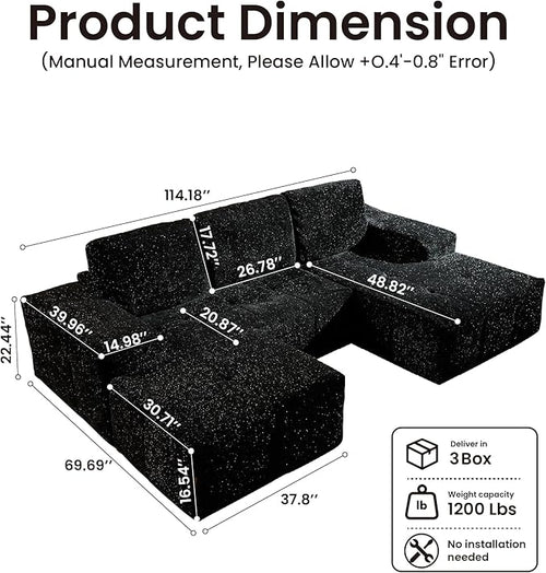 114" Glitter Cloud Sectional Couch with L-Shape Chaise & Ottoman, Modern Boneless Couches for Living Room, Fluffy Tufted Deep Seat Modular Sofa No Assembly (Black Sparkly Velvet,Right Facing)