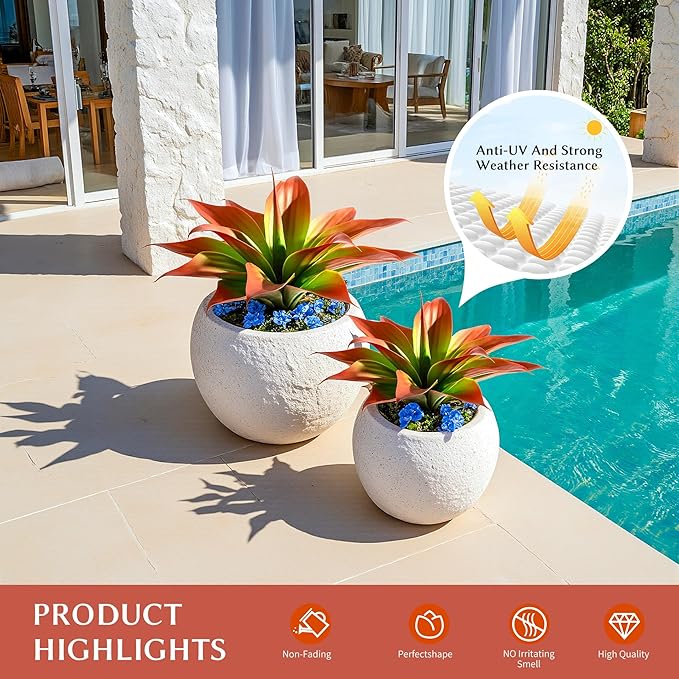 Fake Plants Artificial Agave Plants 13.8" Large UV Resistant Fake Agave Planters for Indoor and Outdoor Decorating Tropical Plant Succulents Greenery Indoor Decor 2Pack(Red)