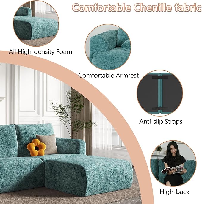 EASE MOOSE Sectional Cloud Couch for Living Room, Modular Boneless Sofa Large L-Shaped, Modern Cloud Sofa Set with Fluffy Foam, Oversized 4-Seater Deep Sofas with Ottoman for Bedroom, Chenille (Blue)