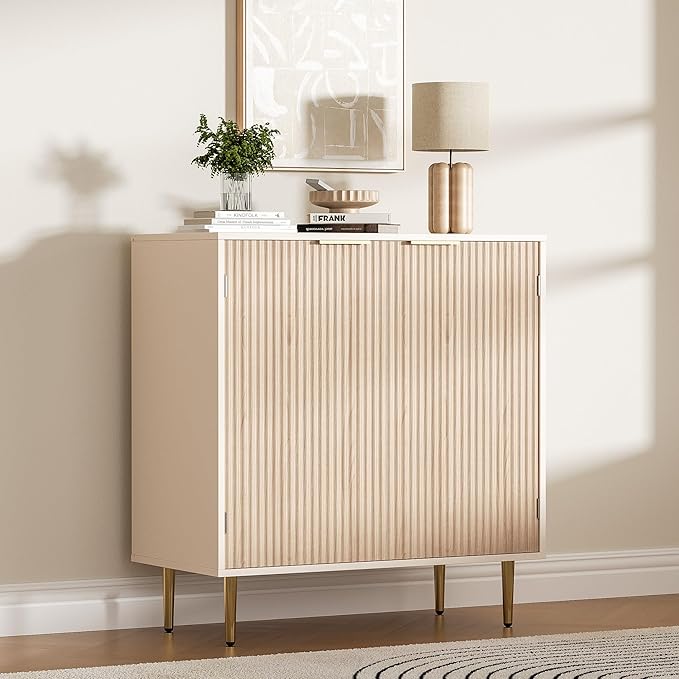 Buffet Sideboard Cabinet [Set of 2], Kitchen Cabinet with Golden Handles & Legs, Modern Accent Storage Cabinet with Adjustable Shelf, Coffee Bar for Kitchen, Dining Room, Oak