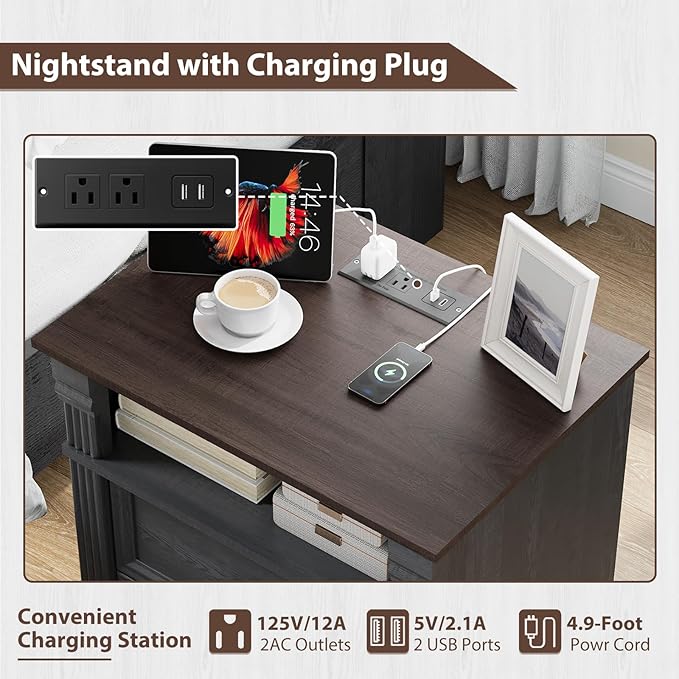 Yaamizz Farmhouse Nightstands with Charging Station, Table with Drawer and Storage Shelf, Wood Pilasters and Metal Handles, Vintage Design, Organizer for Bedroom, Hallway, Black