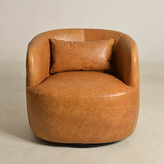KINWELL 100% Top Grain Genuine Leather Swivel Barrel Armchair No Assembly Modern Upholstered Leather Swivel Accent Chairs with Toss Pillow for Living Room Office Lounge, Camel