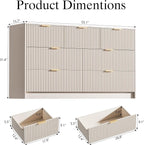 Beige Dresser for Bedroom, Modern Dresser with 7 Drawers and Smooth Slides, Wide Chest of Drawers with Golden Handles for Bedroom, Living Room, Closet, 15.7" D x 55.1" W x 31.4" H