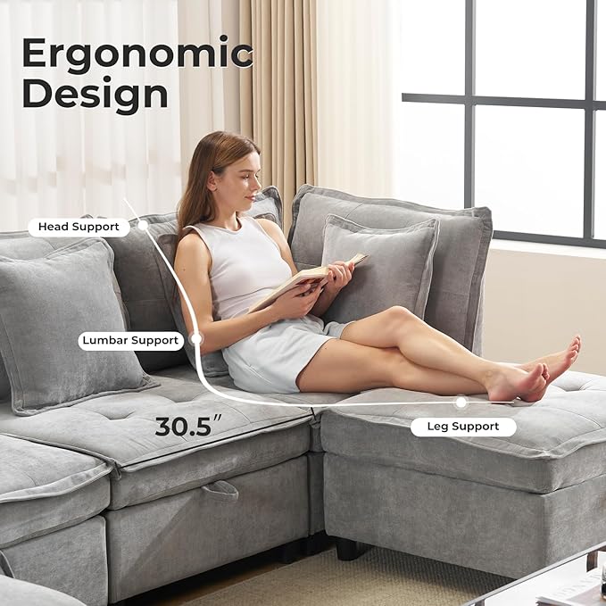 103" Modular Sectional Sofa, L-Shaped Corduroy Comfy Sectional Couches for Living Room, 3-Seater Cloud Couches with 1 Ottoman, Modern Deep Seat Sofa with Large Storage, Grey