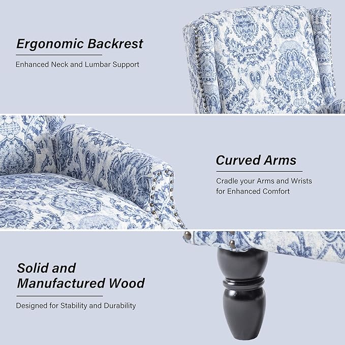 Recliner Chair, Upholstered Wingback Floral Pushback Armchair with Adjustable Backrest & Footrest, Comfy Accent Chair Reading Single Sofa for Small Spaces, Living Room, Bedroom (Navy Blue, Set of 1)