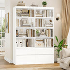 FINETONES 71" White Bookshelf with Drawers, 47.3" Double Wide Bookshelves and Bookcases with Storage, Tall Bookshelf Large Open Book Shelf Standing Book Case for Home Office, White