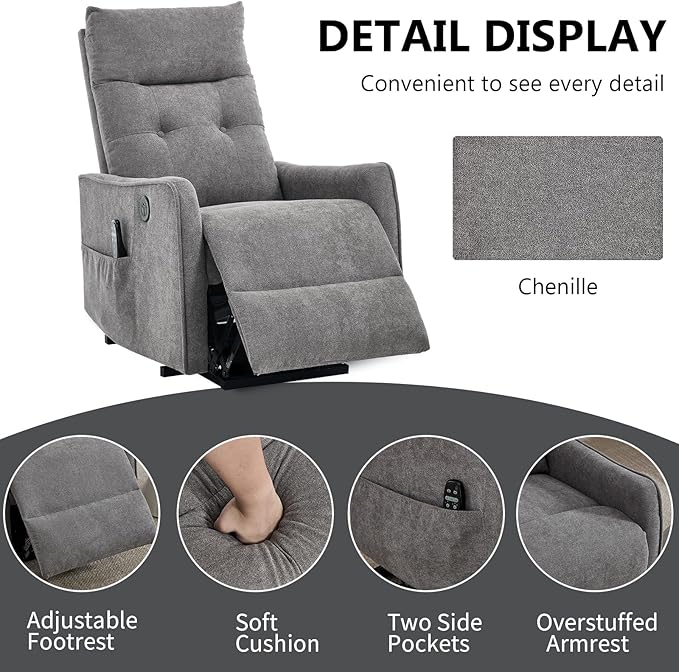 PELUMY Manual Lift Recliner Chair with Massage and Heat for Elderly, Single Motor Electric Lift Chair, Heavy Duty Recliner with USB Charging & Side Pockets (Chenille, Light Grey)