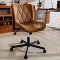 Brown Leather Armless Desk Chair, Soft Ergonomic Cushion, Height Adjustable, Rocking, Home Office