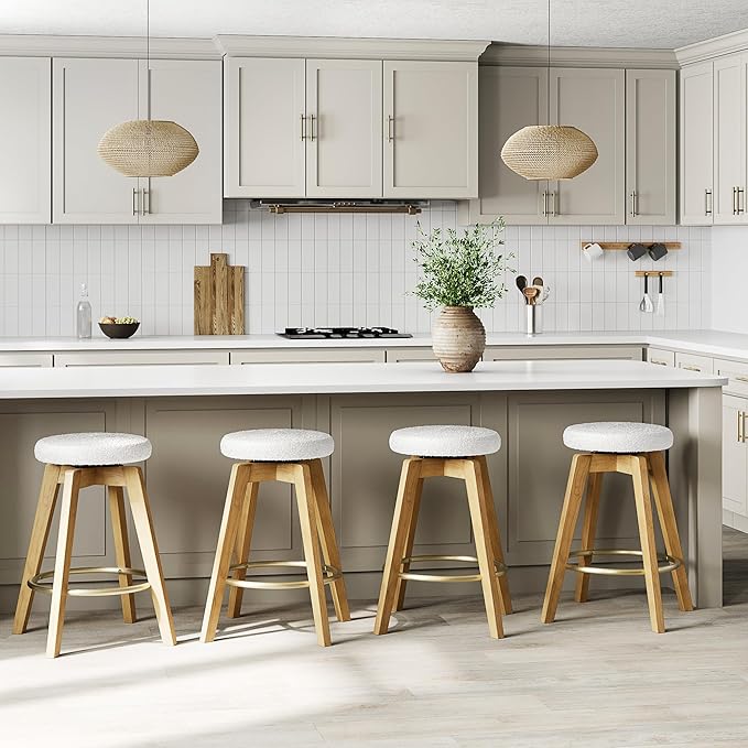 Thor Wicker Counter Height Wooden Counter Stool with Hand-Knitted Rope, K/D, Backless Island 24" Wicker Stool for Kitchen, Solid Wood (4, Swivel Counter Stool - Light Oak)