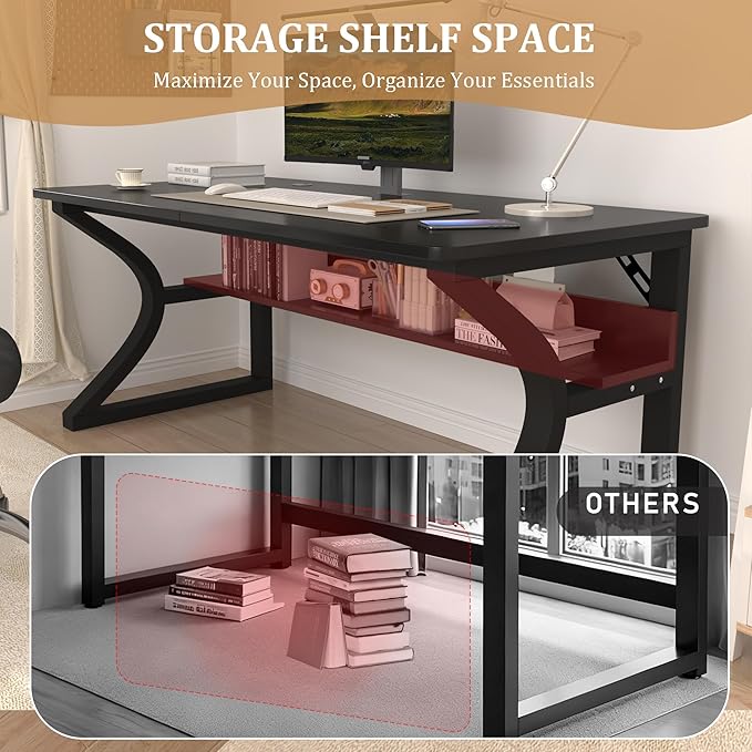 StarGraph Computer Desk 55'' Large Home Office Desk with Sturdy Metal Frame U Shaped Modern Computer Desks with Storage Study Writing Office Work from Home Desks (Black, 55 inch)