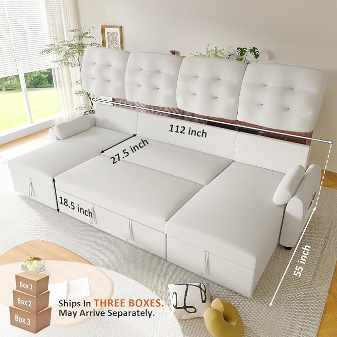 Ucloveria Sleeper Sofa Bed, 112" U Shaped Sectional Sofa Couches for Living Room, Pull Out Couch Bed with Dual Reversible Storage Chaise | Charging Station | Side Pockets | Removable Backrest