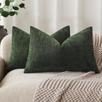 Foindtower Pack of 2 Textured Chenille Throw Decorative Pillow Covers Square Accent Solid Cushion Cover Neutral Farmhouse Lumbar Pillow Case for Couch Sofa Bedroom Living Room 12x20 Inch,Dark Green