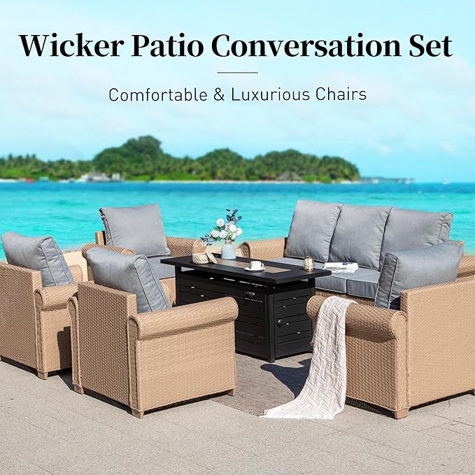 Patio Furniture Set 8 pcs, Wicker Rattan Outdoor Furniture with 5.5” Thick Cushions, 3-Seat Sofa, 4 Chairs, 2 Ottomans and 56" Fire Pit Table, Outdoor Conversation Set for Backyard Deck, 9 Seats Grey