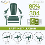 nevilywood Folding Adirondack Chair - Extended Ergonomic Backrest, Cup Holder - Easy Assembly - Durable HDPE Plastic, Weather Resistant & Maintenance-Free - Lawn, Patio, Deck Supports 380lbs,Green