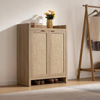 SICOTAS Shoe Cabinet Set of 2, Large Capacity Shoe Storage Organizer Cabinet, Tall Rattan Shoe Cabinet with Doors and Shelves, 6-Tier Farmhouse Boho Wooden Storage Cabinet for Entryway, Light Oak