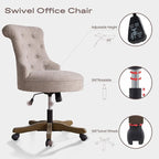 HUIMO Home Office Chair Upholstered Armless Linen Fabric Desk Chair with Wheels Adjustable Height Computer Desk Chair with Wooden Legs No Arms Swivel Chairs for Farmhouse Women Study Studio (Brown)