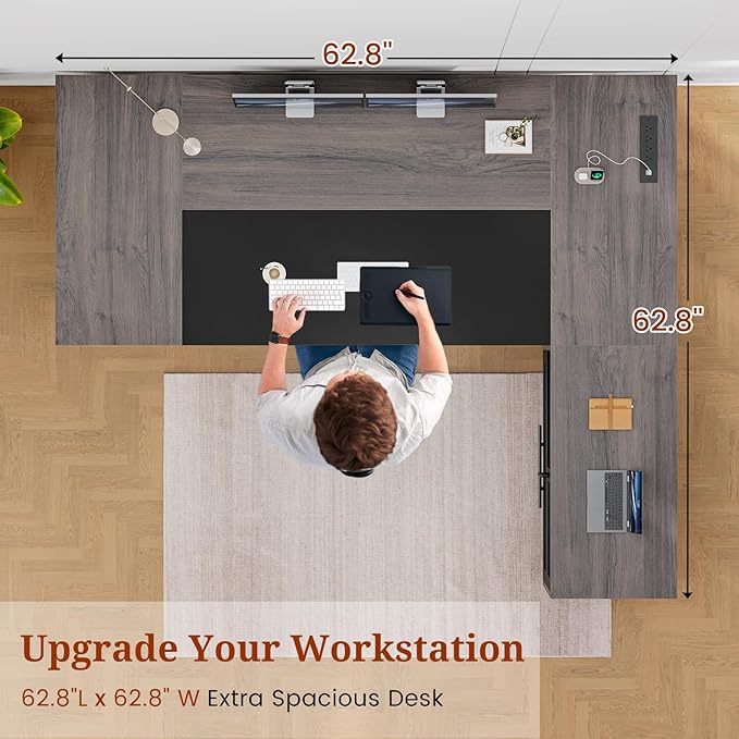 63" Executive Desk with Mobile File Cabinet, Large Office Desk with Drawer, Modern L Shaped Desk with Power Outlets, Storage Shelves, Corner Computer Desk Business Workstation Set (Grey)