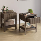 Fluted Night Stand with Golden Handle,Set of 2 Mid-Century Nightstands with Drawer,Bedside Table with Storage Shelf,Large End Tables for Livingroom,Bed Side Tables for Bedroom,Walnut