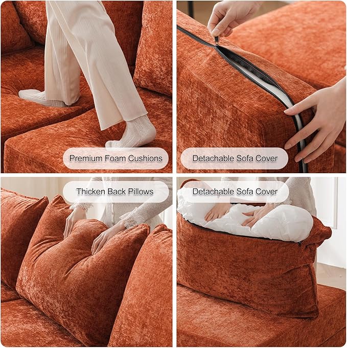 104'' Modular Sectional Sofa with All Seats Storage, Oversized L Shaped Couch for Living Room,3-Seater Comfy Cloud Couches with Movable Ottoman,Big Sectional for Bedroom,Velet,Orange