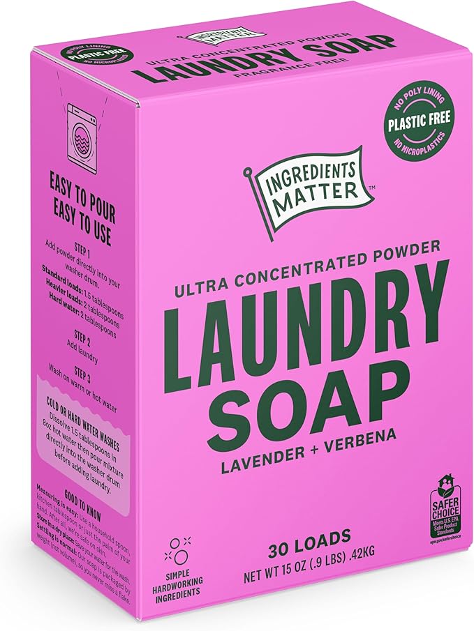 Ingredients Matter Powder Laundry Soap - Lavender Scent, Hypoallergenic Detergent, Natural & Eco-Friendly, Plastic Free, Made in USA, Natural Essential Oils & Dermatologist Tested - 15 oz, 30 Loads