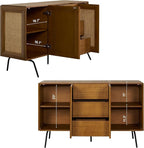 NTC MOSSIC Sideboard with 2 Doors and 3 Drawers, Buffet Cabinet with Natural Rattan and Metal Legs, Modern Storage Cabinet for Living Room, and Hallway, Effortless Assembly - Rustic Oak