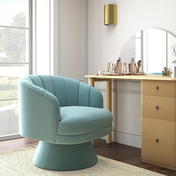 Swivel Accent Chair,Upholstered Velvet 360° Swivel Barrel Chair for Living Room Overstuffed Bouncle Reading Chair Round Armchair for Bedroom,Vanity,Office (Blue)