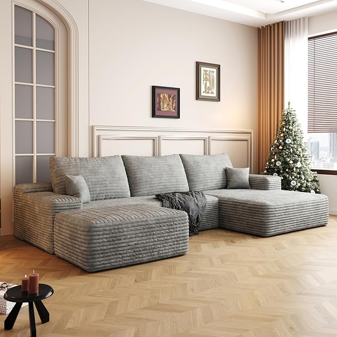 107.5" Cloud Modular Sectional with Ottoman, U-Shaped Sofa for Living Room, Modern Minimalist Couches, Deep Seat Comfy Couch & Reversible Chaise, No Assembly Required (Black, Right Facing Chaise)