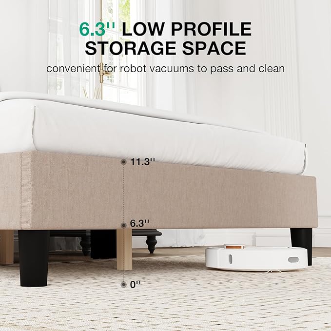 Novilla Full Size Bed Frame, Full Bed Frame with Headboard, Linen Upholstered Pull-Point Wing Side Headboard, No Box Spring Needed, Heavy Duty Feet, Easy Assembly, Beige