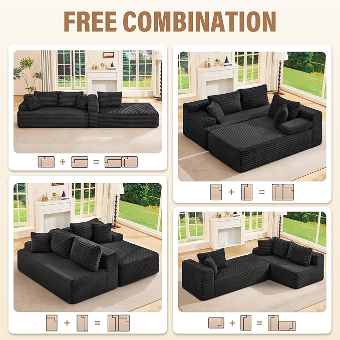 Hobestluk Modular Sectional Couch Sofa, 108" Boneless Couches for Living Room, Memory Foam Sectional Couch with Oversized Chaise,L-Shape Couches (Black, Right Facing)
