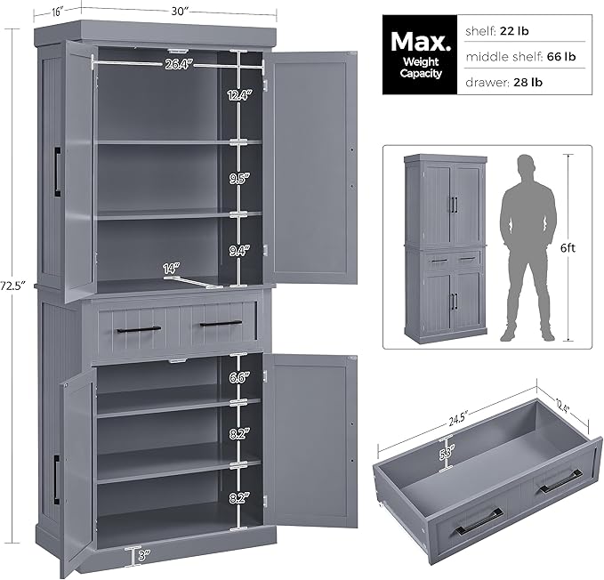 Yaheetech Kitchen Pantry Storage Cabinet with Drawer, 72.5" H Cupboard Pantry Cabinets with Adjustable Shelves and Barn Doors for Dining Room/Living Room, Dark Gray