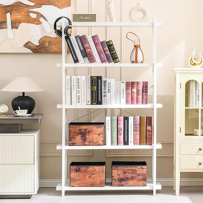 HCHQHS Bookshelf, 5-Tier Industrial Bookcase, White Open Book Shelf, Freestanding Tall Bookshelves with Metal Frame