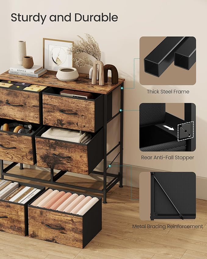 SONGMICS Dresser for Bedroom, Chest of Drawers, TV Stand, Steel, MDF, 6 Non-Woven Fabric Drawers, Storage Organizer Unit, Closet, Entryway, Rustic Brown and Ink Black ULGS123B02S