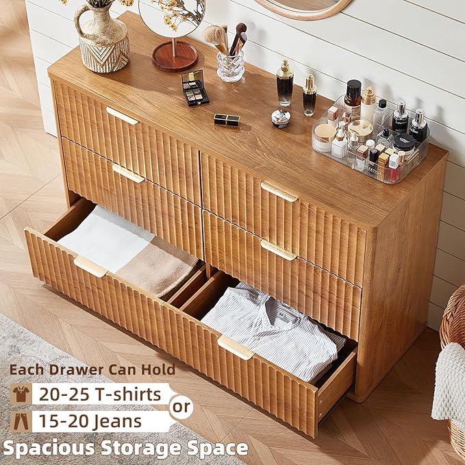 LEYAOYAO Fluted 6 Drawers Dresser Set of 2, 48" Wide Modern Chest of Drawers with Wood Grain Top, Curved Profile Design, Dresser TV Stand, Wooden Drawer Organizer for Bedroom, Living Room,Brown
