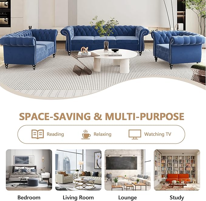 2 Piece Living Room Furniture Set, Velvet Loveseat and Chair Set, Mid Century Modern Upholstered Sofa Couch with Cushions, Comfy Tufted Chesterfield Couches for Living Room, Bedroom, Office