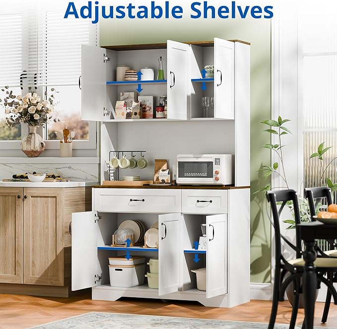 Cozy Castle 71" Tall Kitchen Hutch Cabinet with Drawers and Power Outlet, Farmhouse Pantry Storage Cabinet, Large Wood Coffee Bar Microwave Stand Cupboard for Dining Room Living Room, White