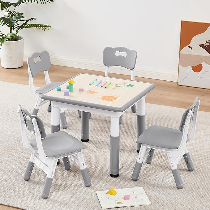 Adjustable Kids Table Chairs Set – Graffiti Desktop, Multi-Activity Height-Adjustable Toddler Study Desk for Ages 3-8 – Ideal for Home, Classroom, Daycare (W-Gray, 4 Chairs-23.6" L x 23.6" W)