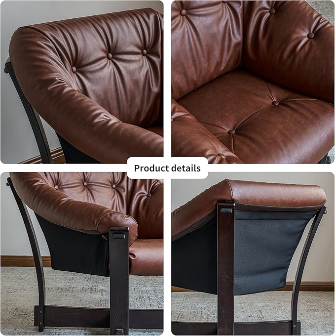 Mid-Century Modern Leather Lounge Chair, Solid Wood Frame, Comfortable upholstered Sofa Armchair