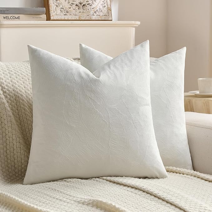 FUTEI Cream Velvet Throw Pillow Covers 18x18 Inch Set of 2,Soft Embossed Leaf-Relief Textured Cushion Cases,Natural Home Decor for Couch Living Room