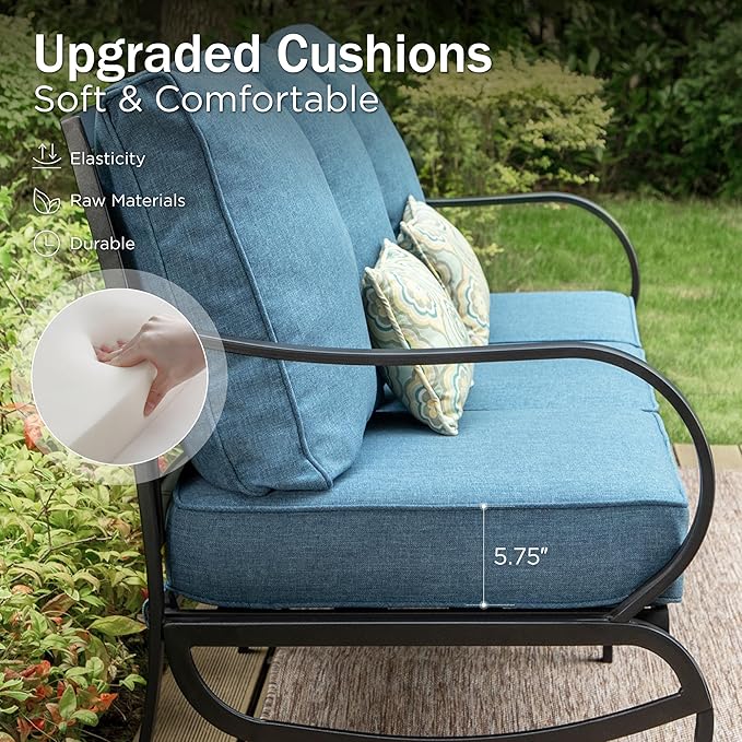 PHI VILLA 4 Piece Patio Furniture Sets for 5 Person with 1 x 3-Seat Deep Seating Bench, 2 x Cushioned Swivel Sofa Chairs & 1 x Coffee Table, Outdoor Metal Conversation Set for Lawn Garden, Navy Blue
