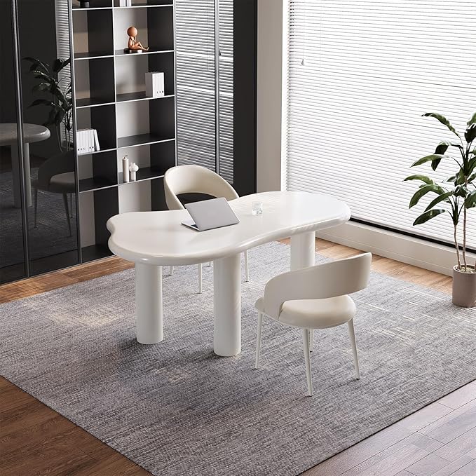 Modern Cream-White Office Desk with Beige Business Chair, Large Computer Table Set, Minimalist and Sturdy Workstation and Workstation, Ideal for Office, Home Office, and Gaming (Desk with One Chair)