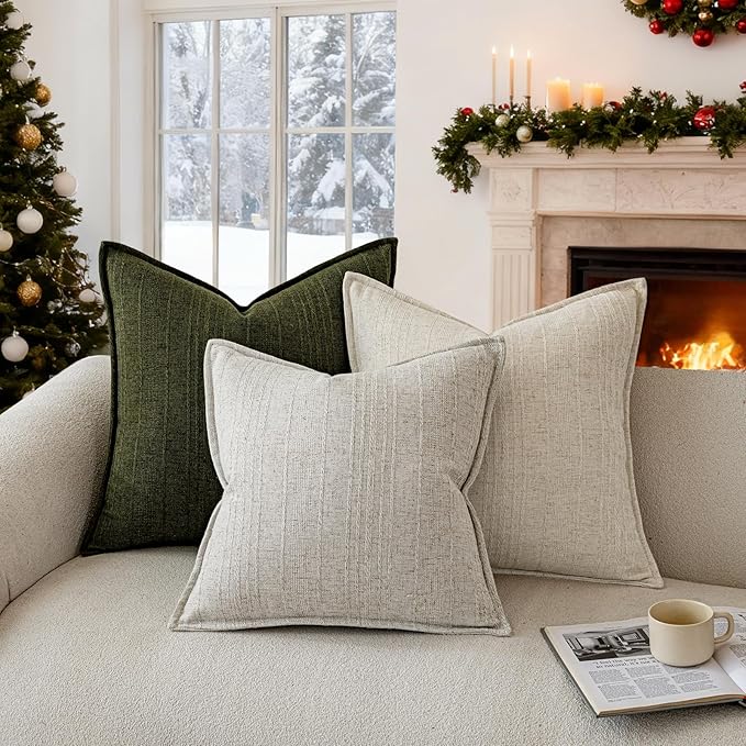 a moment Christmas Linen Pillow Covers Set of 2,Boho Farmhouse Throw Pillowcases Neutral Textured Decorative Covers for Couch Sofa,Soft Linen Blend Accent Case Cushion Home Decor 20"x12"Dark Green