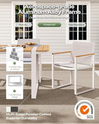 Outdoor Dining Set, Patio Table and Chairs Set, 7 Piece HDPS + Aluminum Patio Furniture Set with Umbrella Hole, Patio Dining Table Set (White-Teak)