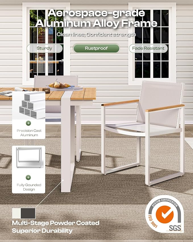 Outdoor Dining Set, Patio Table and Chairs Set, 7 Piece HDPS + Aluminum Patio Furniture Set with Umbrella Hole, Patio Dining Table Set (White-Teak)