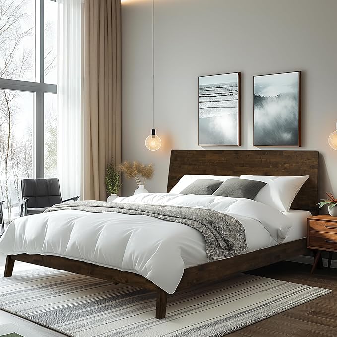 Acacia Serenity Queen Bed Frame with Headboard Natural Wood Bed, Scandinavian Signature High Headboard Compatible with All Mattress Types, 30 Mins Assembly Wood Slats Support Bedroom Furniture, Walnut