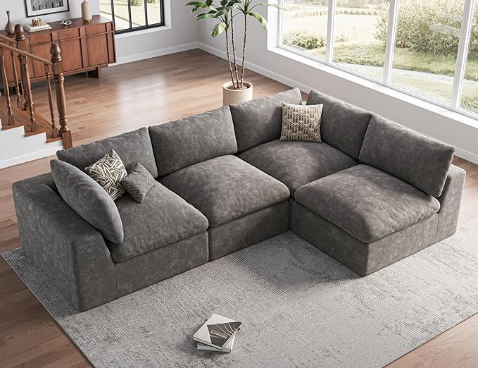 120" Cloud Sectional Couch | Oversize Boneless Couches for Living Room | 4 Seater Modern L-Shape Sofa | Grey