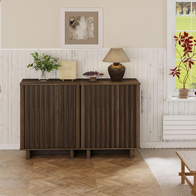 Sideboard Buffet Cabinet with Storage, Walnut Freestanding Floor Cabinet Farmhouse Sideboard with 2 Fluted Doors Wooden Hallway Cabinet Media Console Table Credenza for Living Room Dining Room, 2PCS