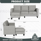 JY QAQA Convertible Sectional Sofa with 3-Seater Sofa, L-Shaped Ottoman Couch with Modern Linen for Apartment, Small Living Room and Small Space (Light Grey)