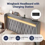 Allewie Upholstered Full Size Platform Bed Frame with LED Light and Charging Station, Button Tufted High Headboard, Wingback Design, Noise Free, Easy Assembly, No Box Spring Needed, Grey